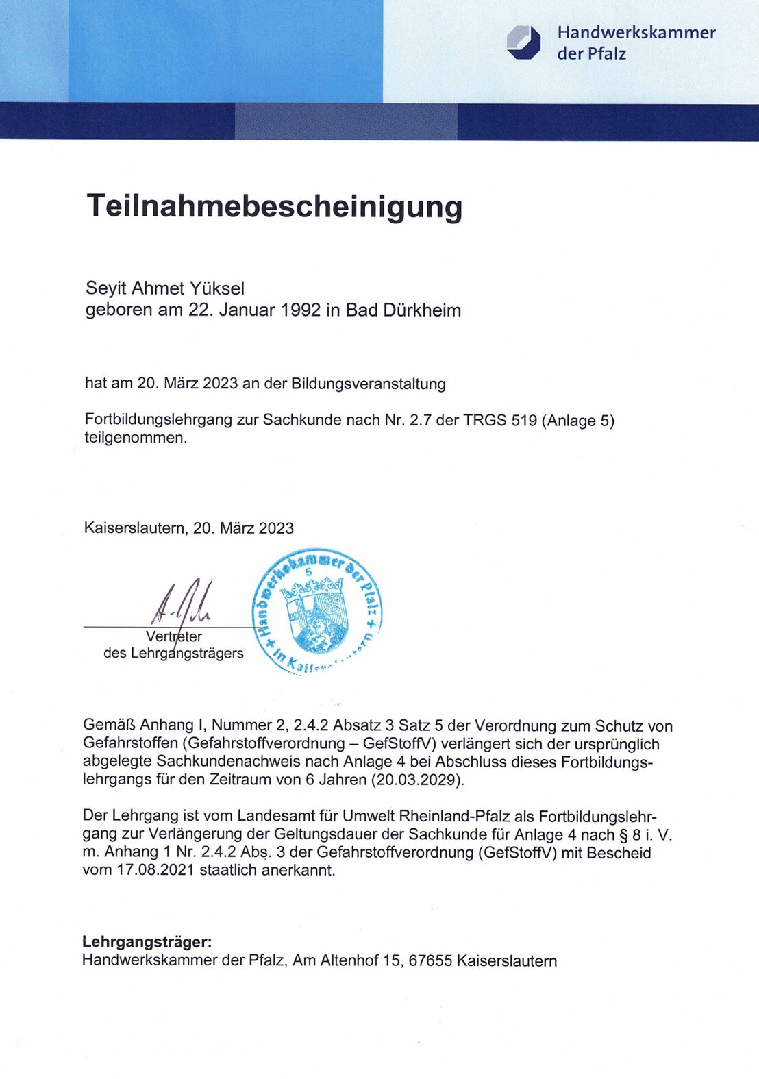 Bescheinigung zum Schutz von Gefahrstoffen