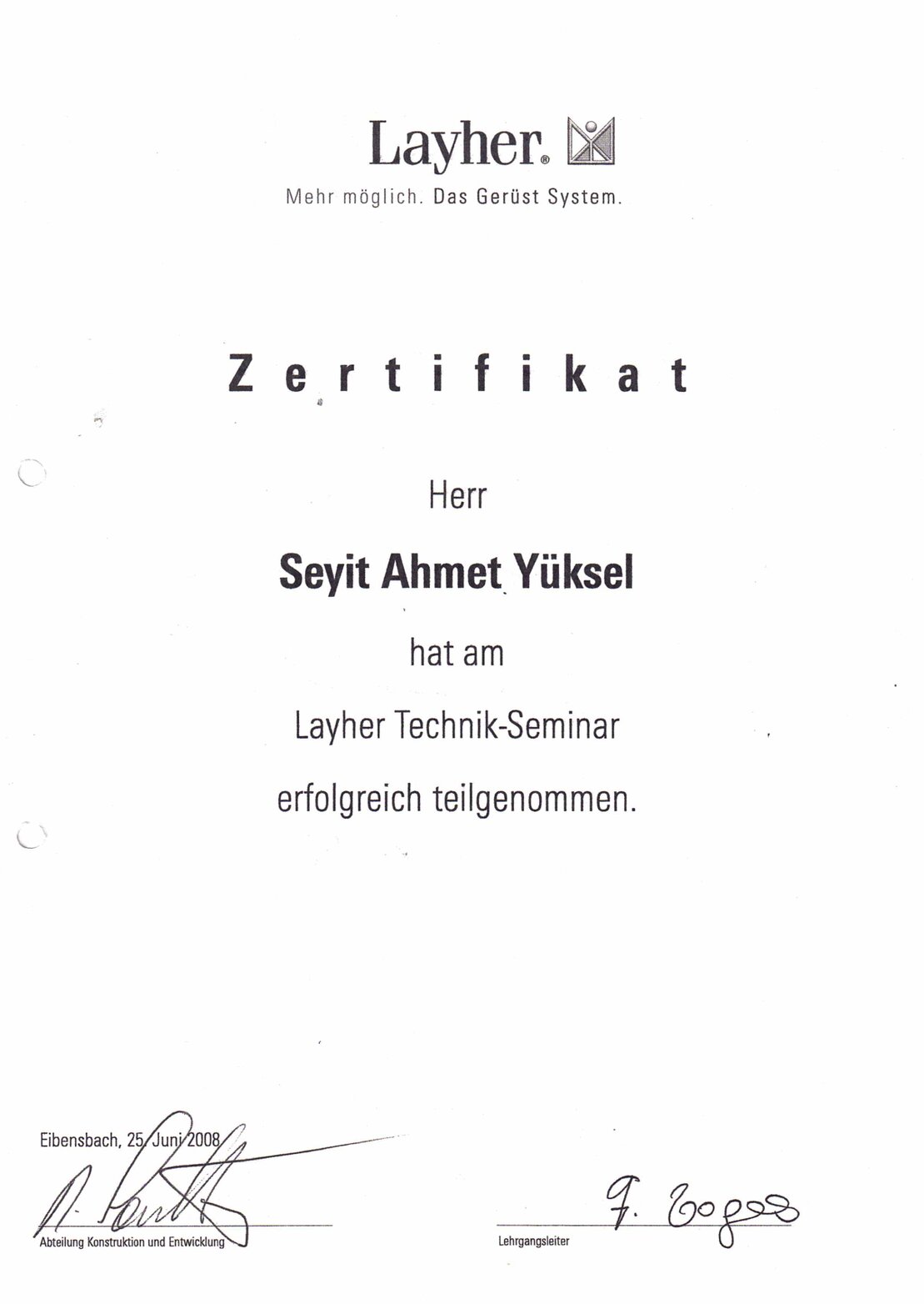 Zertifikat für Gerüst System